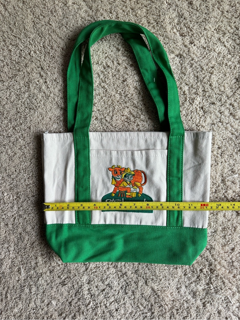 Stew Leonard’s Mini Canvas Tote with Green Trim and Embroidered Cow - Picture 3 of 5